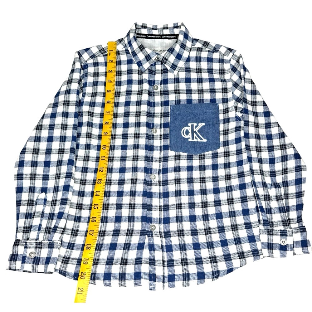 Calvin Klein Jeans Boy's Logo Pocket 100% Cotton Plaid Blue/White Shirt - Size 8 - Picture 4 of 12